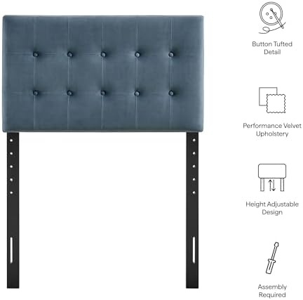 Modway Emily Twin Size Performance Velvet Headboard in Cadet Blue - Stain-Resistant Velvet Upholstery with Button Tufting and 7 Adjustable Height Positions