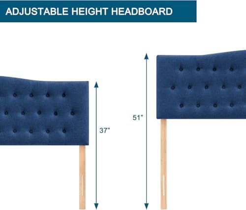 Tufted Headboard King Size, Solid Wood Adjustable Height Head Board, Blue