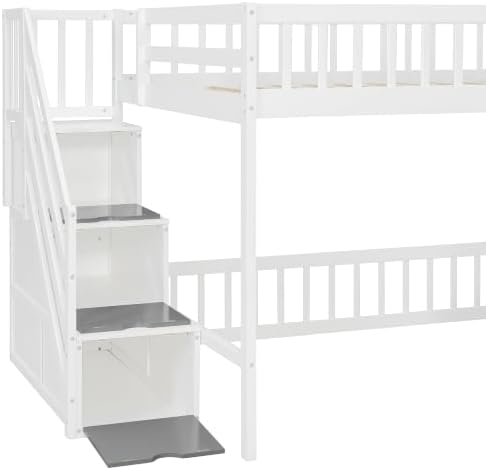 LUMISOL Full Size Loft Bed with Storage Steps and Under Bed Cabinets, Playhouse Loft Bed Frame with LED Light, White+Gray