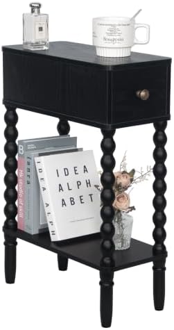 Fultyle Narrow Black Side Table with Drawer, Skinny End Table with Shelf
