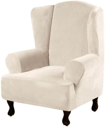 H.VERSAILTEX Wingback Chair Covers Velvet Plush Wing Chair Slipcover 1 Piece High Stretch Wing Back Chair Slipcovers Sofa Cover Furniture Cover with Elastic Bottom, Ivory