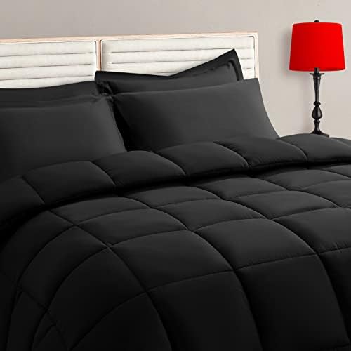 TAIMIT Queen Size Comforter Set - 7 Pieces, Bed in a Bag Bedding Sets with All Season Soft Quilted Warm Fluffy Reversible Comforter,Flat Sheet,Fitted Sheet,2 Pillow Shams,2 Pillowcases,Black
