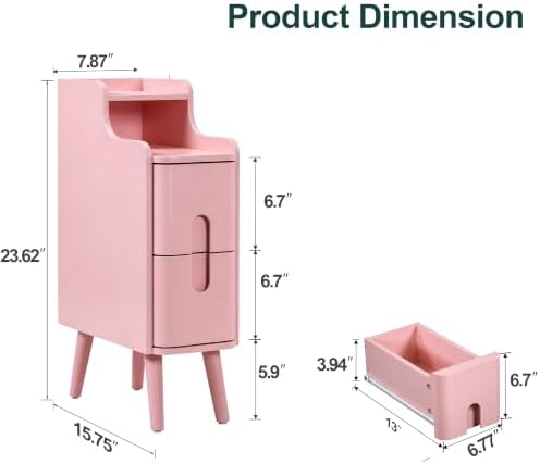 Narrow Nightstand Skinny End Bedside Table with 2 Drawers (Pink-1 pc)