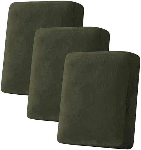 H.VERSAILTEX Velvet Stretch Couch Cushion Cover Plush Cushion Slipcover for Chair Loveseat Sofa Cushion Furniture Protector Seat Cushion Sofa Cover (3 Piece Sofa Cushion Covers, Olive)