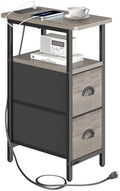 sthmec Narrow End Table with Charging Station, Narrow Side Table with 2 Fabric Drawers, Slim Nightstand, Skinny Bedside Table, Small Side Table for Small Spaces, Living Room, Bedroom, Grey