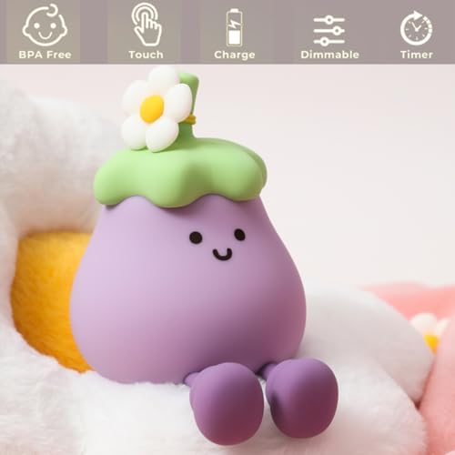 Eggplant Night Light for Adults Kids,Cute Silicone Dimmable Sleeping Decoration Nursery Nightlight,Rechargeable Bedside Touch Table Lamp for Kawaii Room Decor