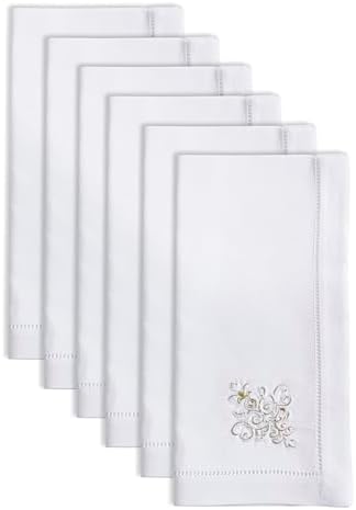 Handmade Festive Holiday Ornament Embroidery Napkin with Hemstitched Border (Set of 6)