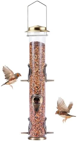 MIXXIDEA 1PK Metal Bird Feeders with 6 Feeding Ports,Tube Bird Feeder with Steel Hanger,Hard Plastic Wild Bird Feeder for Outdoors Hanging, Attracting Birds in Your Lawn, Garden, Balcony–Bronze