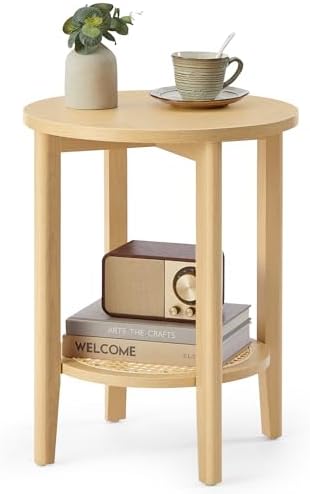 VASAGLE Round Side End Table, 2-Tier Boho Bedside Table with Rattan-Look