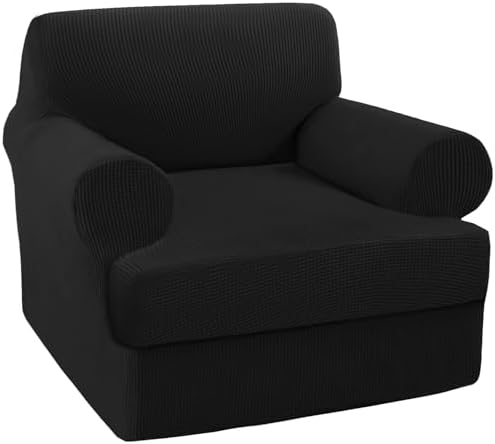 Turquoize T Cushion Chair Slipcover Armchair Slipcover for Living Room Stretch Sofa Couch Cover Soft Armchair Cover Washable Furniture Covers with Individual T Cushion Seat Covers (Chair, Black)