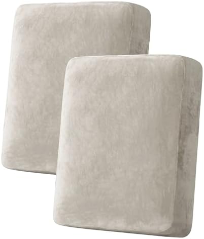 H.VERSAILTEX Velvet Stretch Couch Cushion Cover Plush Cushion Slipcover for Loveseat Cushion Furniture Protector Seat Cushion Sofa Cover (2 Piece Medium Sofa Cushion Covers, Oatmeal)
