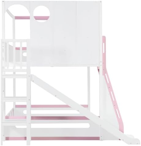 Merax Full Size Playhouse Bunk Bed with Slide and Storage Shelves, Pink