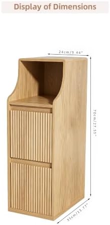 Fluted Narrow Nightstand Set of 2, Mid Century Modern Small Bedside Table with 2 Drawers, Wooden Skinny Vintage Side Table, Night Stand, Slim End Table for Bedroom, Natural