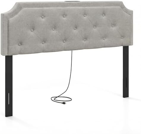 KOMFOTT Upholstered Headboard with Charging Station for Full & Queen Size Bed Frame, Tufted Button Bed Headboard with Solid Rubber Wood Legs, Headboard with Adjustable Width, Grey