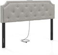 KOMFOTT Upholstered Headboard with Charging Station for Full & Queen Size Bed Frame, Tufted Button Bed Headboard with Solid Rubber Wood Legs, Headboard with Adjustable Width, Grey