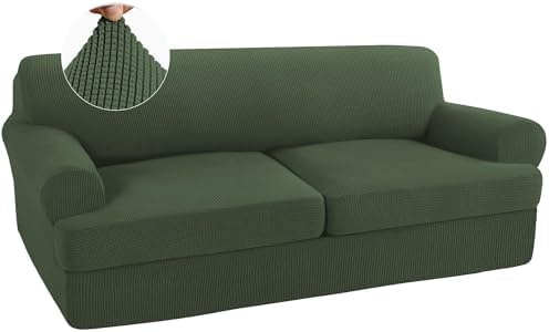 Turquoize 3 Piece T Cushion Sofa Slipcovers Stretch Couch Cover Furniture Covers with 2 Individual T Cushion Covers for Living Room, Machine Washable (2 Cushion Sofa, Bronze Green)
