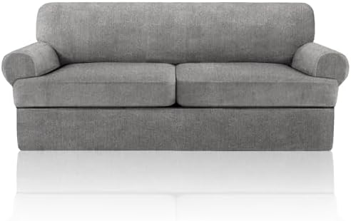 3 Pieces Sofa Covers fot T Cushion Loveseat Slipcover, Sofa Stretch Slip Covers for 2 Cushion Couch with 2 Individual T Shape Seat Covers (Light Gray, 2 Cushion)