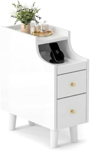 KOMFOTT Narrow Nightstand with Drawers, Solid Wood Bedside Table with Pull-Out Tray & 2 Storage Drawers, Slim Sofa End Table with Cable Management for Small Spaces, Bedroom (White,8" x 16" x 20",1)