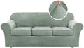 H.VERSAILTEX Modern Velvet Plush 4 Piece High Stretch Sofa Slipcover Sofa Cover Furniture Protector Form Fit Luxury Thick Velvet Sofa Cover for 3 Cushion Couch Width Up to 90 Inch (Sofa, Sea Grass)