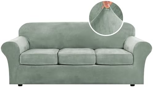 H.VERSAILTEX Modern Velvet Plush 4 Piece High Stretch Sofa Slipcover Sofa Cover Furniture Protector Form Fit Luxury Thick Velvet Sofa Cover for 3 Cushion Couch Width Up to 90 Inch (Sofa, Sea Grass)