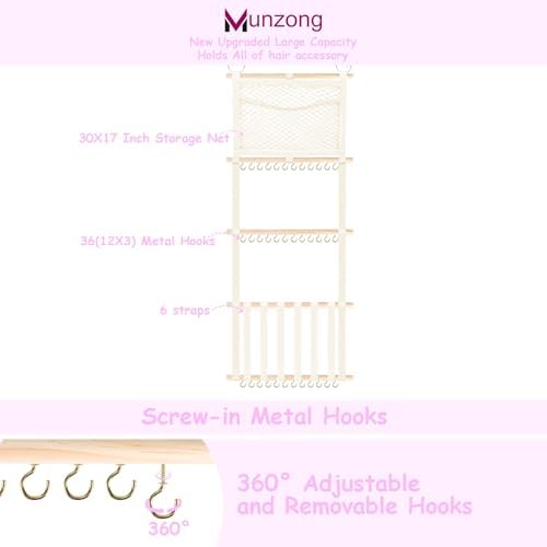 Munzong Bow Holder for Girls Hair Bows 52x17 inch, Beige Bow Clip Organizer