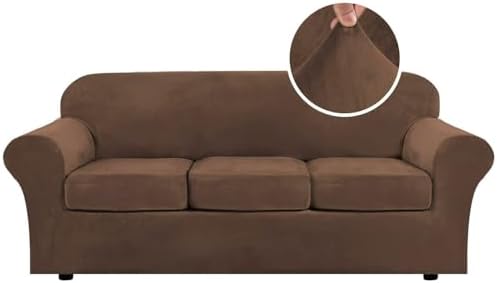 H.VERSAILTEX Modern Velvet Plush 4 Piece High Stretch Sofa Slipcover Sofa Cover Furniture Protector Form Fit Luxury Velvet Sofa Cover for 3 Cushion Couch Width Up to 90 Inch (Sofa, Caramel Cafe)