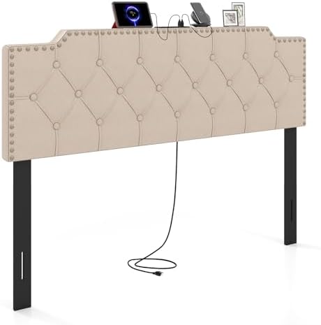 GIANTEX Headboard with Charging Station, Queen/Full Size Rivet Tufted Upholstered Head Board w/2 AC Outlets, USB & Type-C Ports, Rubber Wood Legs, Width Adjustable Modern Bed Headboard Only (Beige)