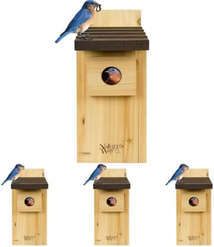 Nature’s Way Cedar Bluebird House for Outdoor Nesting, Predator Guard, Ventilated Design & Easy Access Clean-Out Panel, Natural Wood, Cedar Nesting House (Pack of 4)