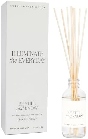 Sweet Water Decor Be Still & Know Clear Reed Diffuser Set – Aromatherapy Home Fragrance with Sea Salt, Jasmine, Cream & Wood Notes – Long-Lasting Scent for Bedroom & Bathroom – Lasts Up to 4 Months