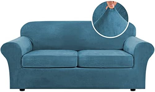 H.VERSAILTEX Real Velvet Plush 3 Piece Stretch Sofa Covers Couch Covers for 2 Cushion Couch Sofa Slipcovers Width Up to 90 Inch Feature Thick Soft Stay in Place (Large Sofa, Peacock Blue)