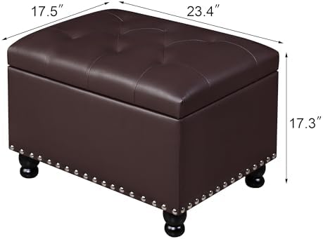 Adeco Faux Leather Storage Ottoman Bench with Safety Hinge, 23-Inch Upholstered Footrest Stool for Entryway & Living Room, Holds 350 lbs, Black