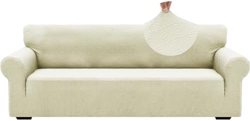 ZNSAYOTX 1 Piece Jacquard Couch Covers for 3 Cushion Couch High Stretch Sofa Cover for Pets Dogs Anti Slip Extra Large Sofa Slipcovers Furniture Protector (X-Large,New Pattern Light Beige)