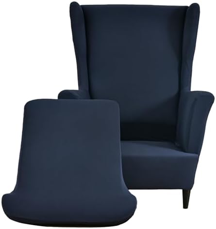 Wingback Chair Slipcover 2 Piece Stretch Armchair Cover Furniture Protector Washable Spandex Wing Navy Blue Chair Covers for Living Room