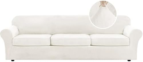 H.VERSAILTEX Modern Velvet Plush 4 Piece High Stretch Sofa Slipcover Furniture Protector Form Fit Velvet Extra Large Sofa Cover for 3 Cushion Couch Width Up to 105 Inch (XL Sofa, Porcelain White)
