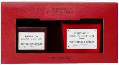 French Connection Square Range Scented Candle & Reed Diffuser Gift Set | 220g Shea Butter Wax Candle & 100ml Diffuser | Glass Jar Design | 37-Hour Burn Time | Gift Box (Ruby Cherry & Merlot)
