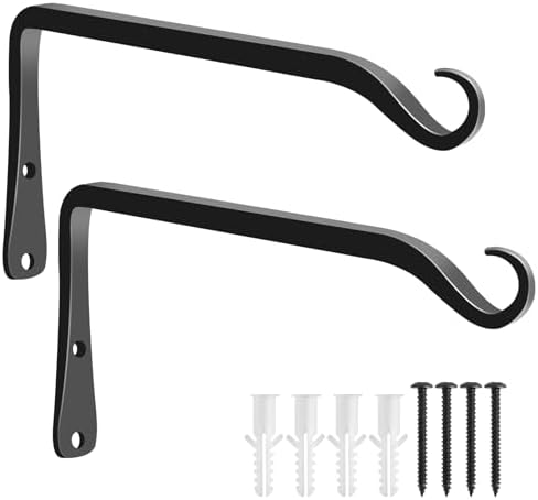 FEED GARDEN Heavy Duty Plant Hooks - 2 Pack 8 Inch Wall Mounted Hanging Brackets, 44lb Capacity Steel Plant Hangers for Bird Feeders, Baskets, Wind Chimes Outdoor Indoor- Black