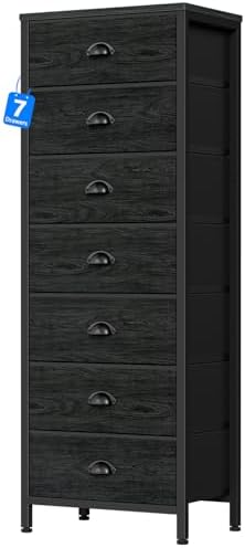 Furnulem Black Bedroom Dresser, Tall Chests of Drawers with 7 Fabric Bins