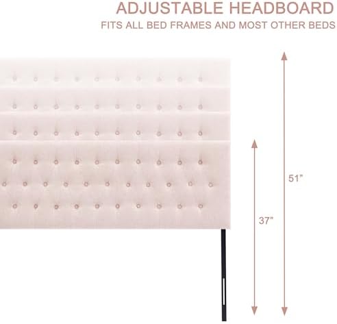 Tufted Upholstered Headboard Queen Size, Adjustable Height 37- 51 in, Pink