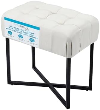 BIRDROCK HOME Rectangle Tufted Linen Ottoman Foot Rest - 19.7x11.82x17.73” Small Foot Stool with Legs - Padded Footrest Modern Ottomans for Living Room Furniture, Bedroom Footstool (Cream)