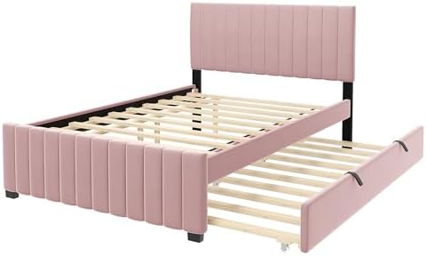 Bellemave Full Bed Frame with Trundle Bed,Velvet Upholstered Platform Bed Frame,Full Size Trundle Bed with Headboard for Kids Teens Adults(Pink)
