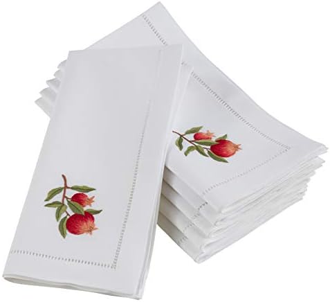 Handmade Pomegranate and Leaves Embroidery Napkin with Hemstitched Border (Set of 6)