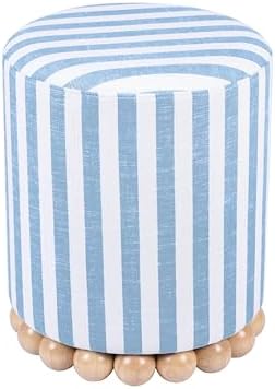 First of a Kind Ottoman Foot Rest - Pastel Blue Round Ottoman Stool with Solid Wood Spherical Orbs - 15.7" W x 15.7" D x 18.3" H - Handmade, Easy Clean, 330 lbs Weight Capacity