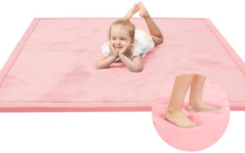Huloo Sleep Baby Play Mat for Floor,1.3" Thick Elasti-Foam 50x50 Playpen Mat for Toddlers Infant Kids,Water-Repellent Soft Coral Velvet Tummy Time Mats,Non Slip Crawling Mats,Tatami Style(Pink)