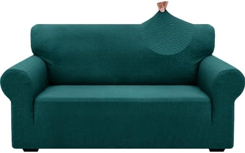 ZNSAYOTX 1 Piece Jacquard Couch Covers for 2 Cushion Couch High Stretch Loveseat Slipcover for Pets Dogs Anti Slip Love Seat Sofa Slipcover Furniture Protector (Medium, New Pattern Blackish Green)