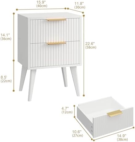 YAUKOMEL Fluted Nightstand with 2 Drawers,Modern Bedside Table White
