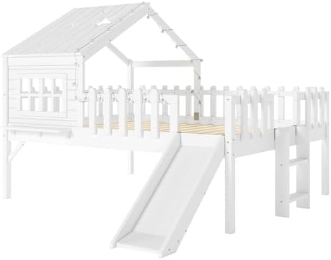 Full Loft Bed with Slide and Ladders, Solid Wood Low Loft Bed with Little Tray, Lights, Playhouse Roof, House Loftbed Frame for Kids, Boys, Girls, Childlike and No Box Spring Needed Design, White
