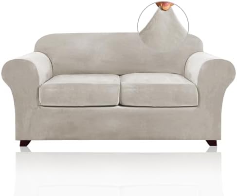 PrinceDeco Velvet Couch Cover Loveseat Covers for 2 Cushion Couch 3 Piece Sofa Covers for Dogs Washable Loveseat Covers Width Up to 72 Inch No Slip Stretch Sofa Slipcover(Medium, Oatmeal)