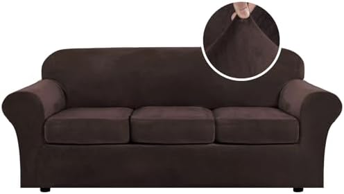 H.VERSAILTEX Modern Velvet Plush 4 Piece High Stretch Sofa Slipcover Sofa Cover Furniture Protector Form Fit Luxury Thick Velvet Sofa Cover for 3 Cushion Couch Width Up to 90 Inch (Sofa,Brown)