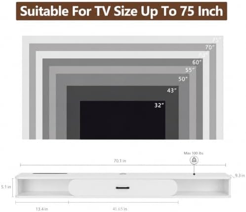 GHC Floating TV Stand, 75'' Wall Mounted TV Cabinet, Floating Shelves with Door, Media Console for DVD Player, Space-Saving Under TV Shelf for Bedroom & Living Room (White)