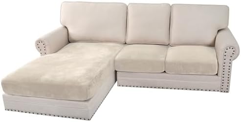 H.VERSAILTEX Velvet Stretch Sectional Couch Covers 3 Pieces Sofa Seat Cushion Covers L Shape Separate Cushion Couch Cover for Both Left/Right Sectional Couch (Large Sofa 2 Seater + 1 Chaise, Ivory)